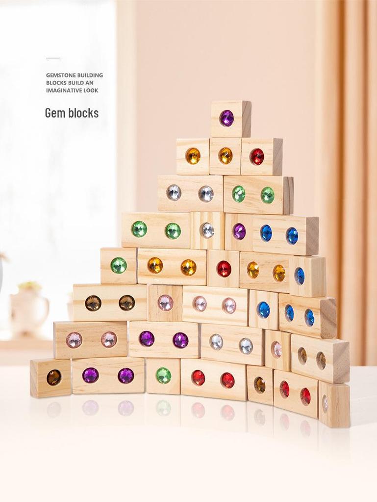 50-Piece Wooden Acrylic Gemstone Building Blocks: Interactive Parent-Child Game for Early Education and Castle Construction