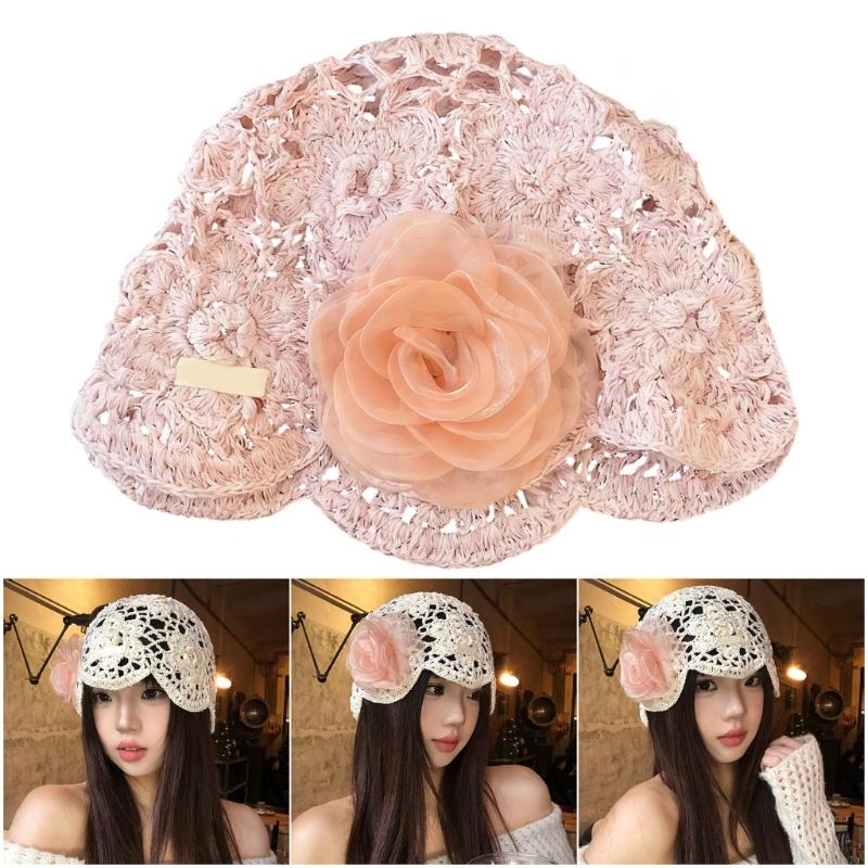 Feminine Openwork Knitted Creative Hat CapIncluding Shaped Dimensional Flowers In Soft Pink Or Beige