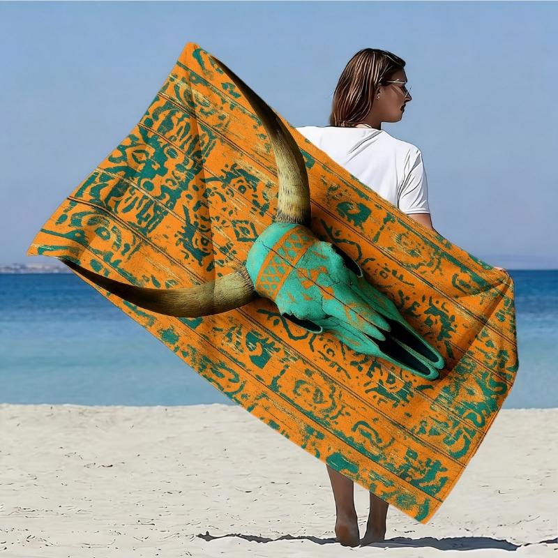 

1pc,Vintage Totem Style Bull Skull Oversized Soft Beach Towel Mysterious Tribal Print Pattern,Microfiber Bath Towel,Quick-Drying W30*H60(CM)