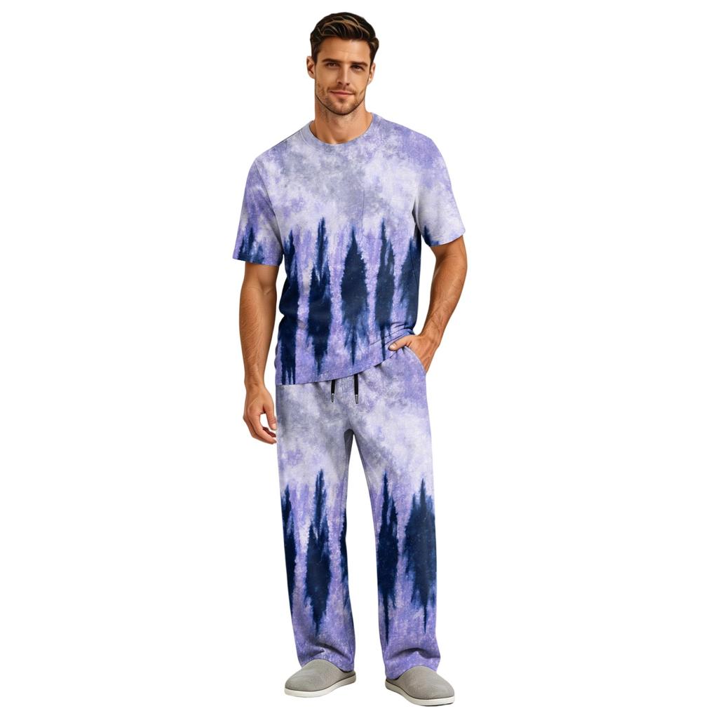 Men's Home Pajama Set, Short Sleeve Top and Long Pants with Button Fly and Drawstring Waist
