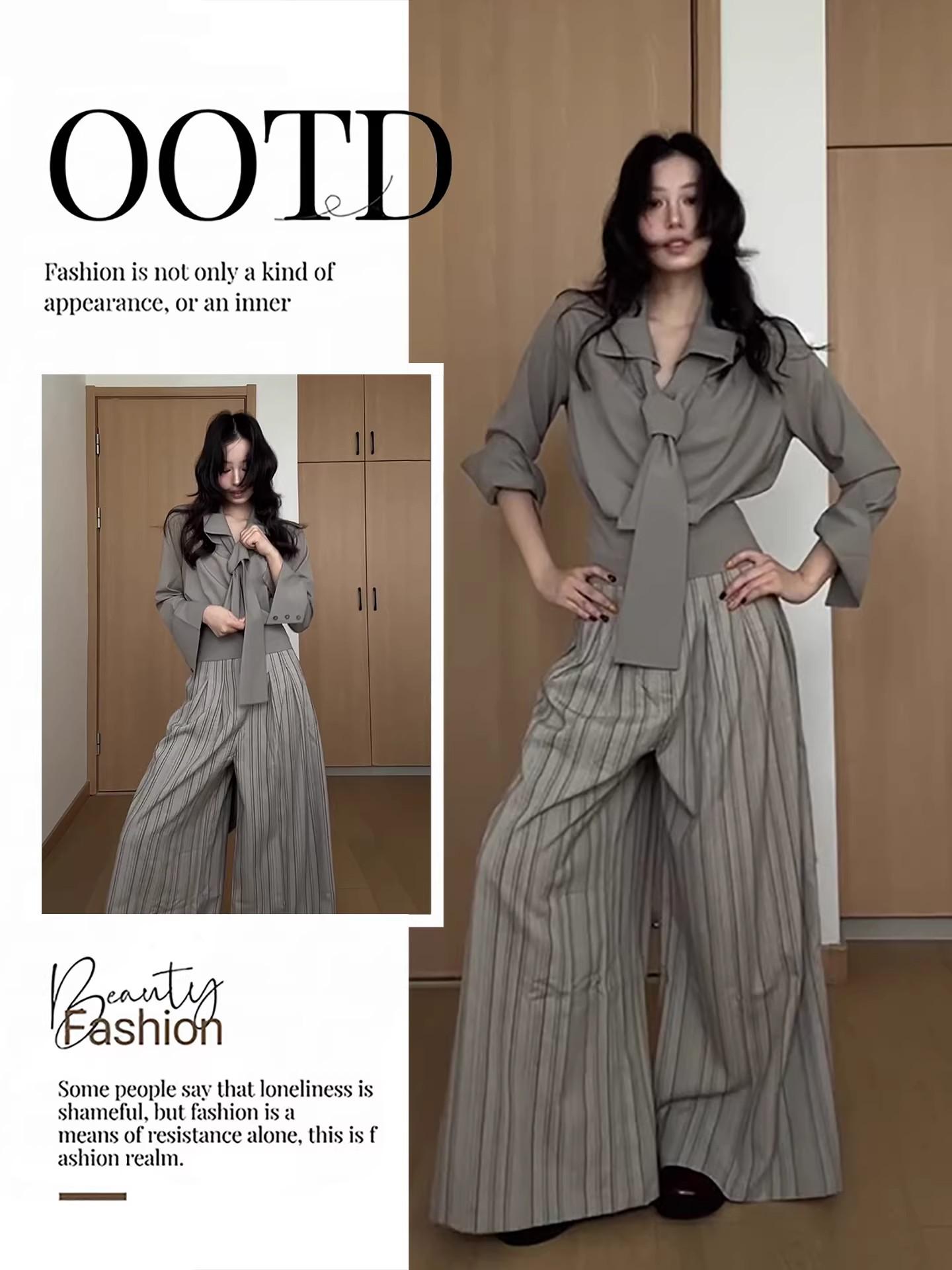 French Retro Spring 2026 Lace-up Shirt & Pleated Wide-leg Pants Set XL