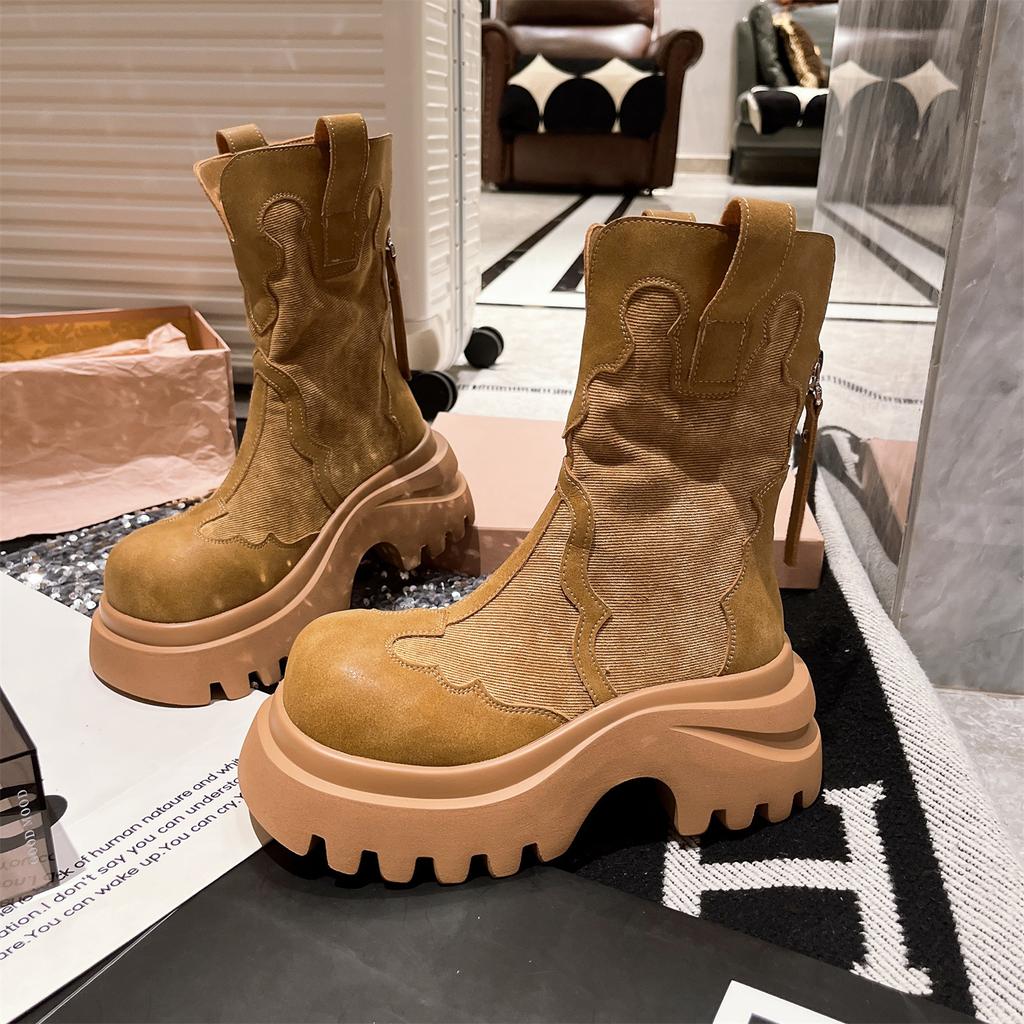 Niche Round-headed Short Boots for Women's 2025 Autumn New Ethnic Style Big-headed Thick-soled Denim Fashion Popular Martin Boots