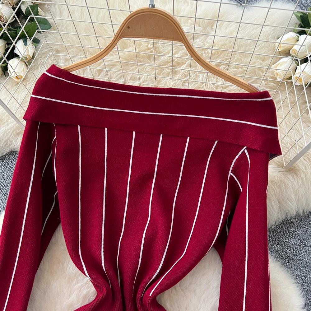 Autumn Winter Women Casual V-neck Full Sleeve Striped Knitted Sweater Slim Bodycon Sheath Dresses