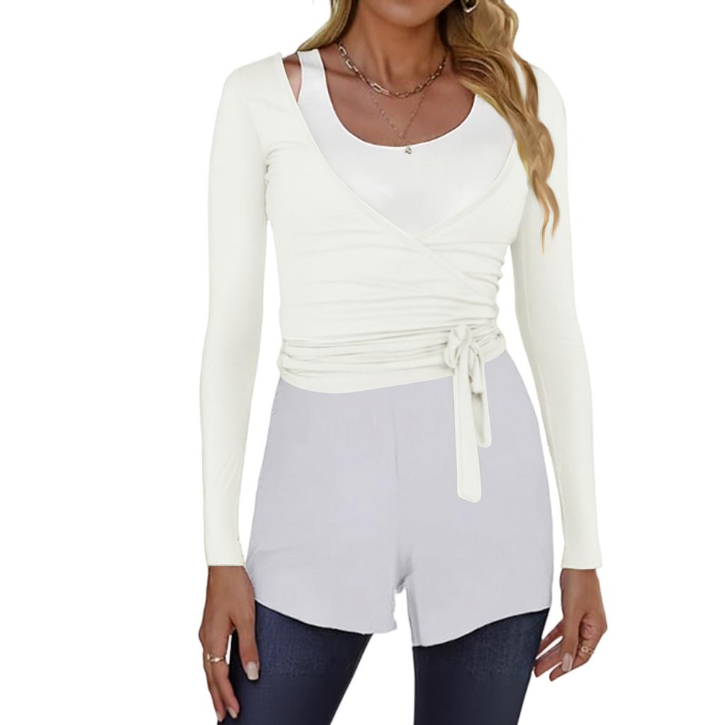 Women’s Long Sleeve Wrap Front Ballet Cardigan with Adjustable Waist Tie and Thumbhole Cuffs for Dance Yoga Layering