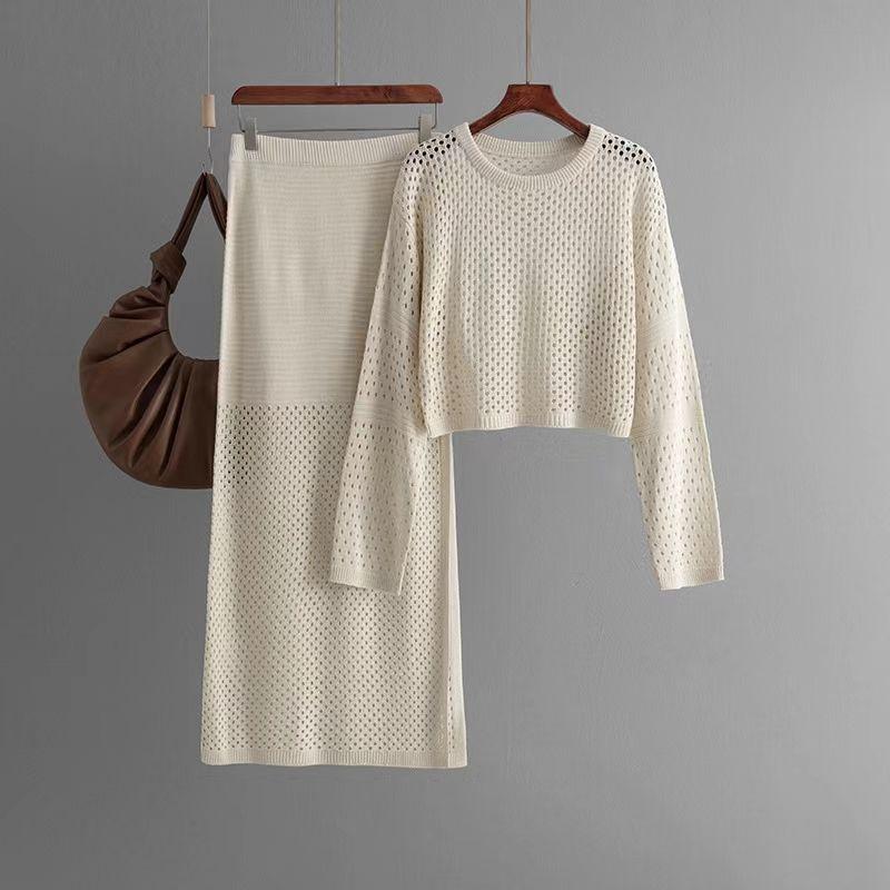 

European and American Summer Hollow Knit Skirt Two-piece Set Hollow Knit Top and Skirt Set Apricot All yards