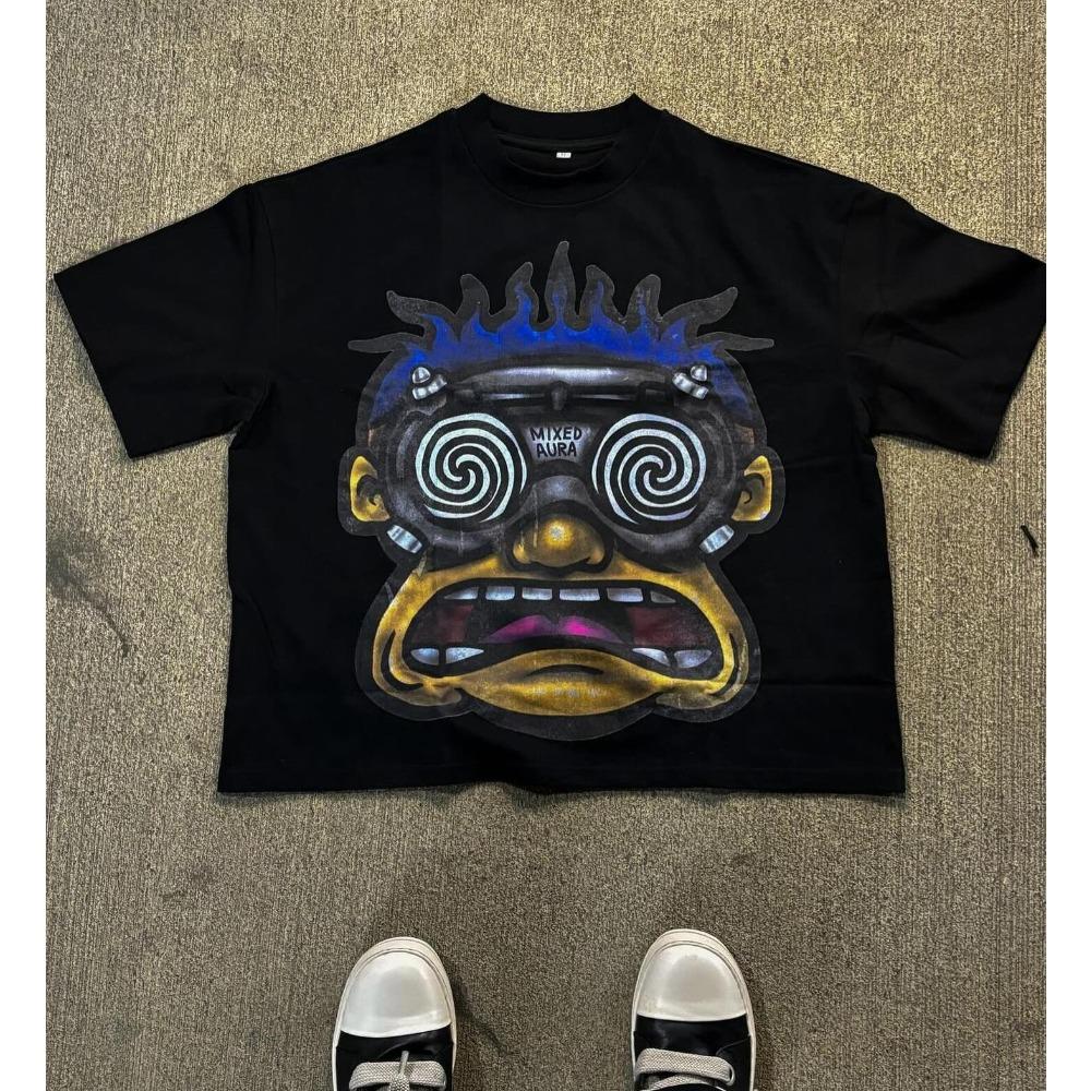 

American Fashion Goth Big Head Cartoon Print Oversized T-Shirt Men s Y2K Street Hip-Hop Harajuku Loose Casual Couple Clothes 4XL