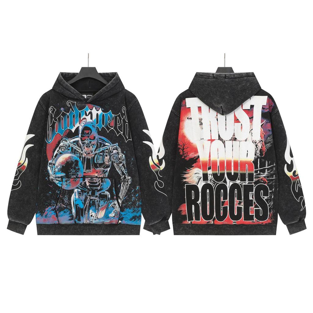 God Bless America Retro Rock Street Print Washed Hoodie - Casual Loose Fit