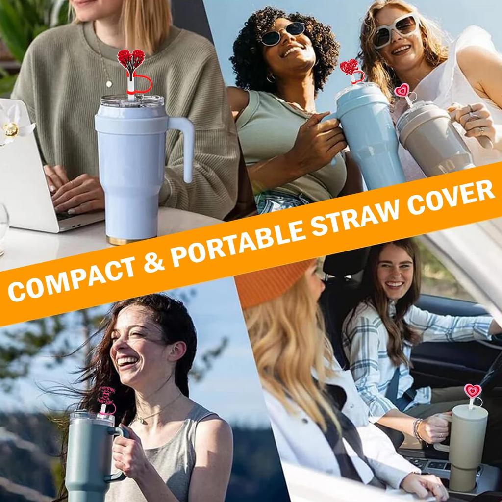 Leeseph 4pcs Straw Cover Red Pink Theme Cute Silicone Straws Tips Cover Reusable for 7-8mm/0.2-0.3in Diameter Straws Summer Gift