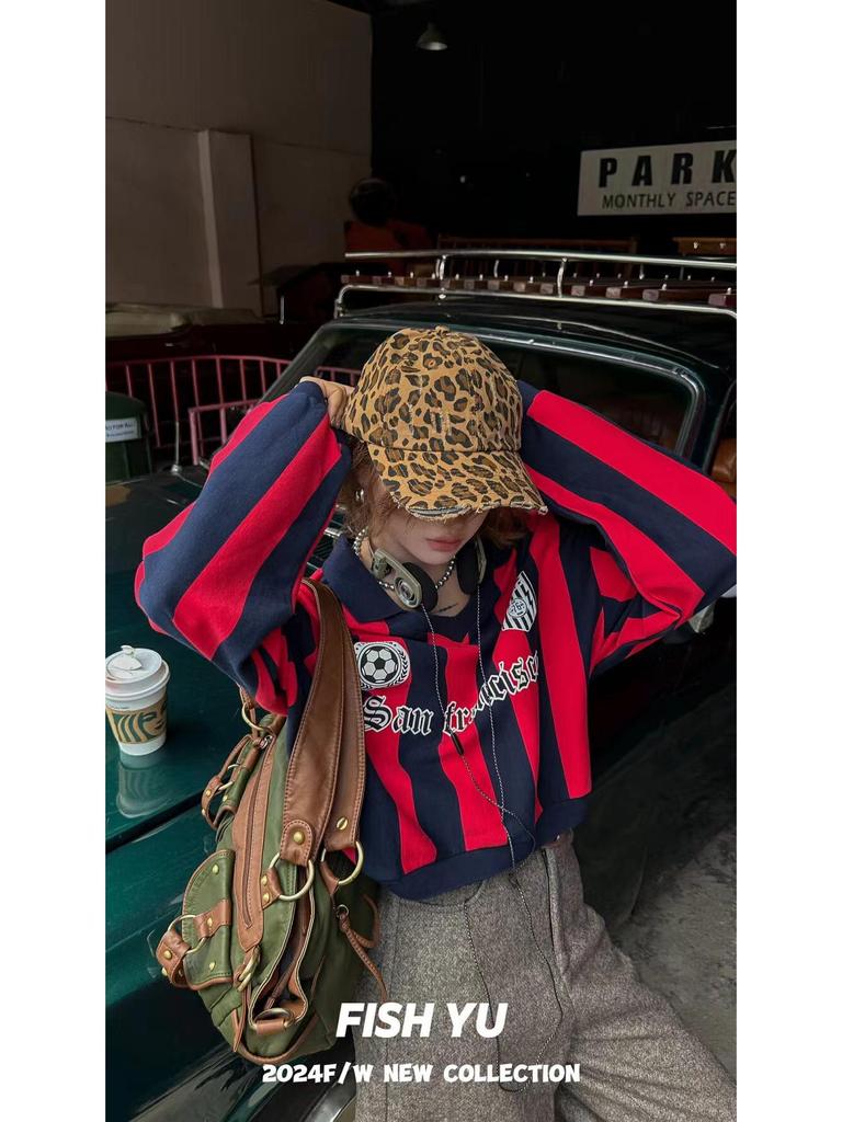 2025 Spring/Autumn Retro Jersey Vertical Stripe Letter Print Polo Collar Sweatshirt for Women