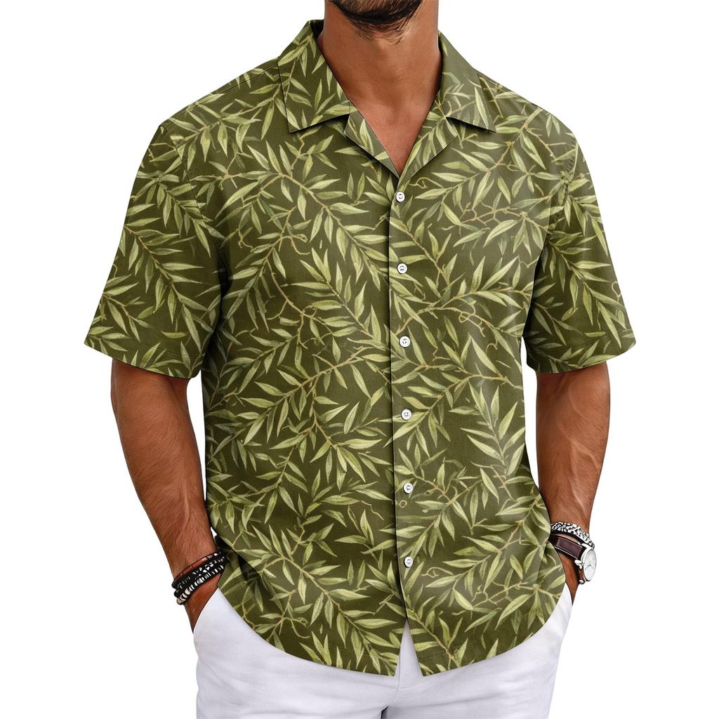 Men's Summer Hawaiian Print Cuban Collar Shirt Short Sleeve Lightweight Button Down Casual Beach Shirt for Outdoor Activities