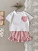 Girls' Plaid Heart Embroidered Short-Sleeve Two-Piece Set