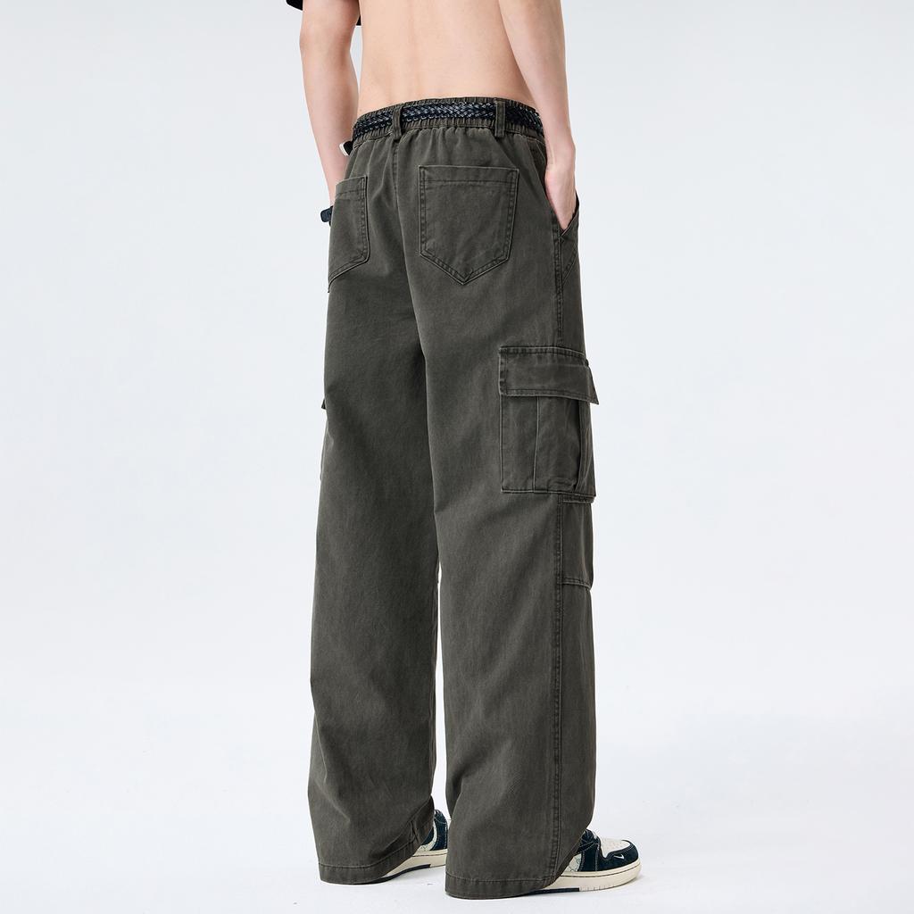 American high street tide brand washing tooling casual pants men's trend fashion loose straight splicing multi-pocket trousers