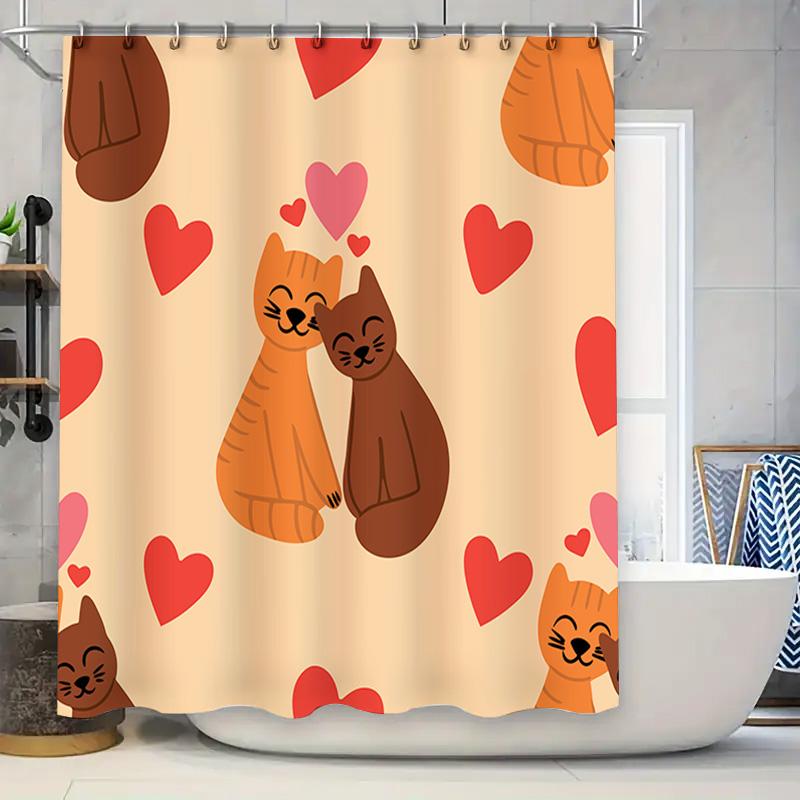 

Romantic Cat Love Shower Curtain Pink And Red Heart Print Fabric Bath Shower Liner For Home Decoration In Bathroom Accessories F W60H190(CM)-1 Pcs
