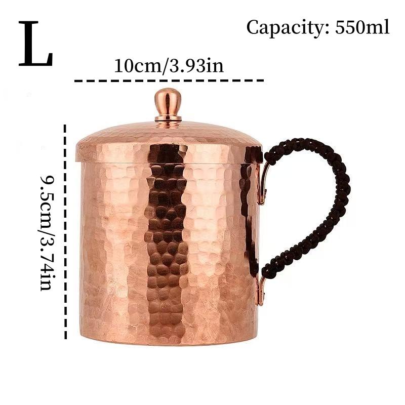 Handcrafted Vintage Pure Copper Coffee Cup,With Lid Juice Breakfast Mug,Woven Handle Hammer Texture Home 550Ml Tea Cup Tableware