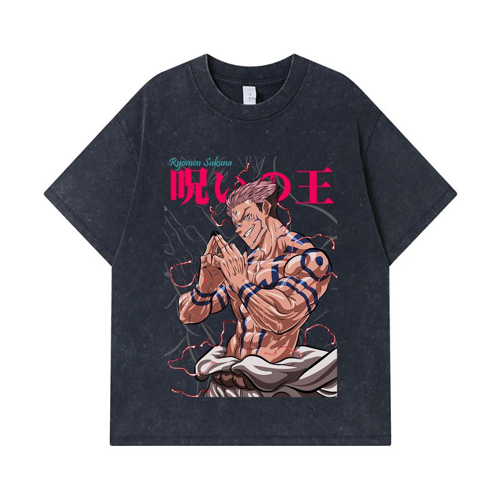 275 GSM Washed T-shirts 100% Cotton Jujutsu Kaisen V46 Sukuna Print Unisex Heavy Cotton T Shirt