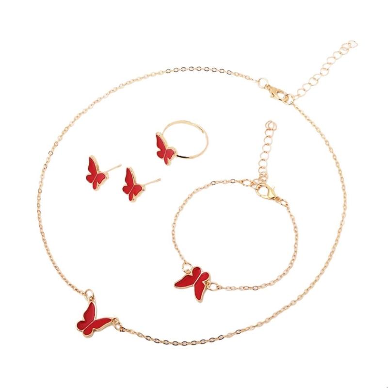 4Pcs Butterfly Jewelry Set Necklace Earrings Bracelet & Ring Enamel Charm Pendant Neckchain Birthday Gift for Women