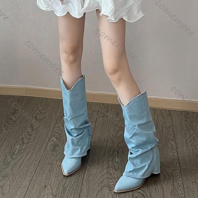 Fashion Comemore Women Pleats Blue Denim Mid-calf Boots Autumn Thick Heeled Pointed Toe Cowboy Botas Woman Slip On Western Long Boots