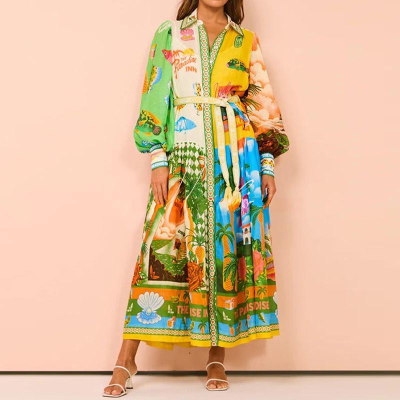 Women's Clothing, Printed, Lantern Sleeves, Waistband, Shirt Skirt, Waist Cinching, Dress
