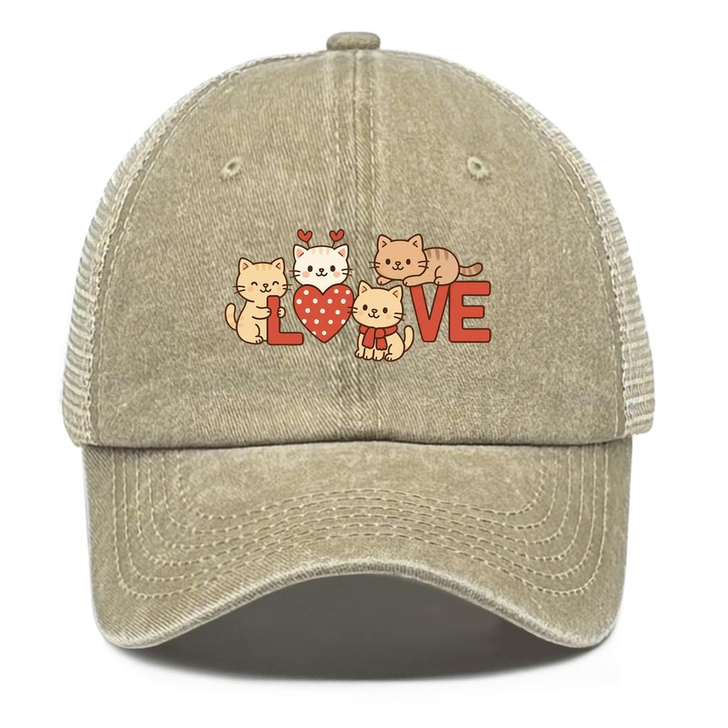 LOVE Heart Cat Printed Sun Hat Adjustable Vintage Simple Snapback Baseball Cap Flat Brim For Women Unisex Outdoor Camping Golf