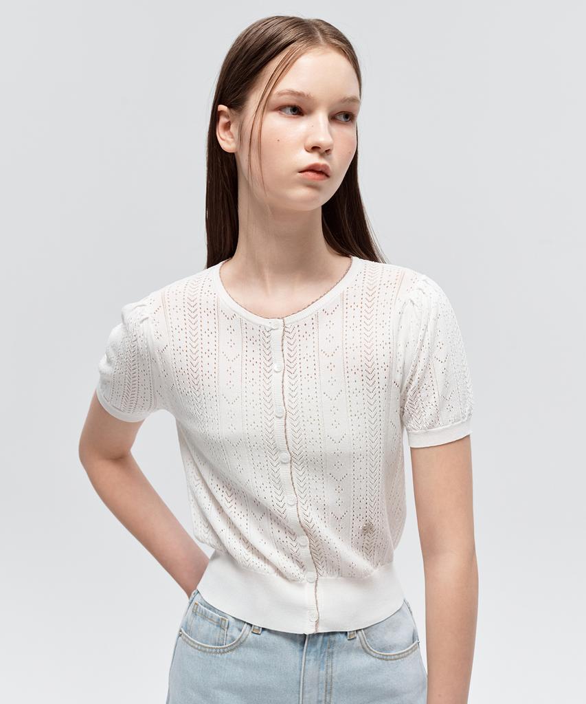 Citybreeze Scalloped Puff Short Sleeve Cardigan_White