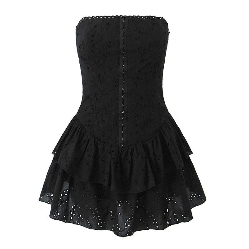 

Meet Paris French style Pure Desire Gyaru Style Hollow Embroidery Slim fit Slimming Anti-exposure Double Layer Tube Top Dress Black (with safety pants) L