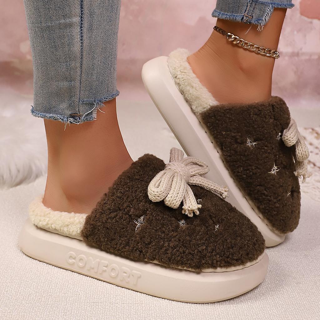 Fashion Sweet Bowknot Furry Comfort Indoor Slippers Women 2025 Winter Soft Non Slip Eva Slippers with Platform Warm Fluffy Fur Shoes