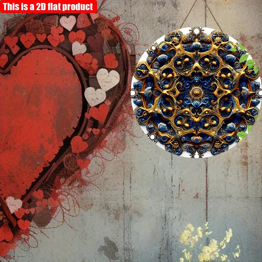 2D Flat 20*20cm 1pc Retro Bright Blue Mandala Patterns Door Signage, Elaborate Round Wall Art Plaque with Gold and Blue Pattern for Bars, Cafes,