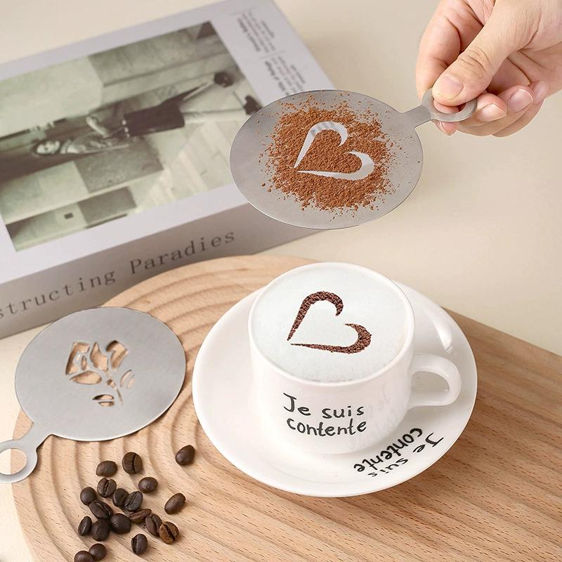 WTEMPO 4PCS Creative Coffee Latte Art Molds Stainless Steel Fancy Cake Decorations Making Molds Milk Foam Spray Powder Mold Snowflake Heart Pattern
