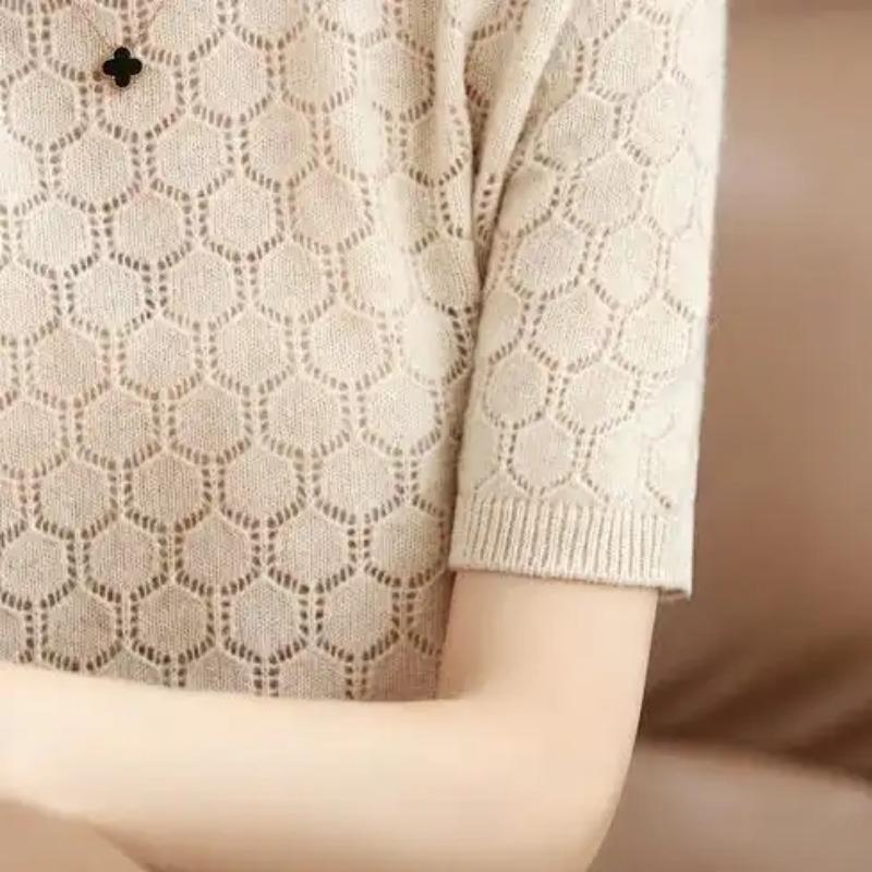 Purple Crew Neck Honeycomb Knit Short Sleeve Sweater for Women