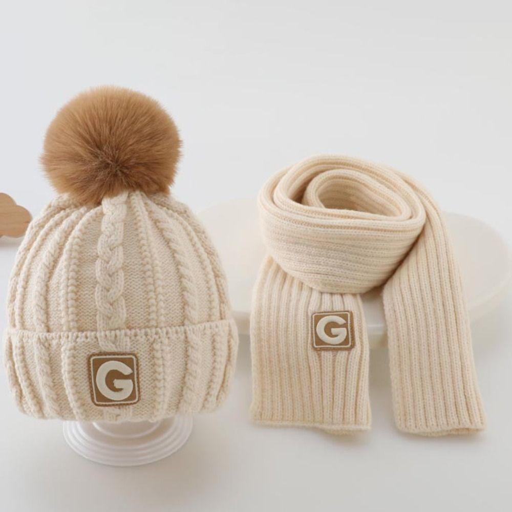 

Plush Ball Kids Crochet Hat Neck Warmer Baby Ear Protection Hat Children s Hat with Scarf Toddler бежевий
