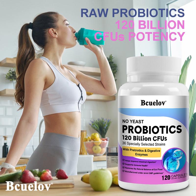 Bcuelov 120 billion probiotic composite capsules contain 36 strains of bacteria and digestive enzymes helping with intestinal digestion and absorption