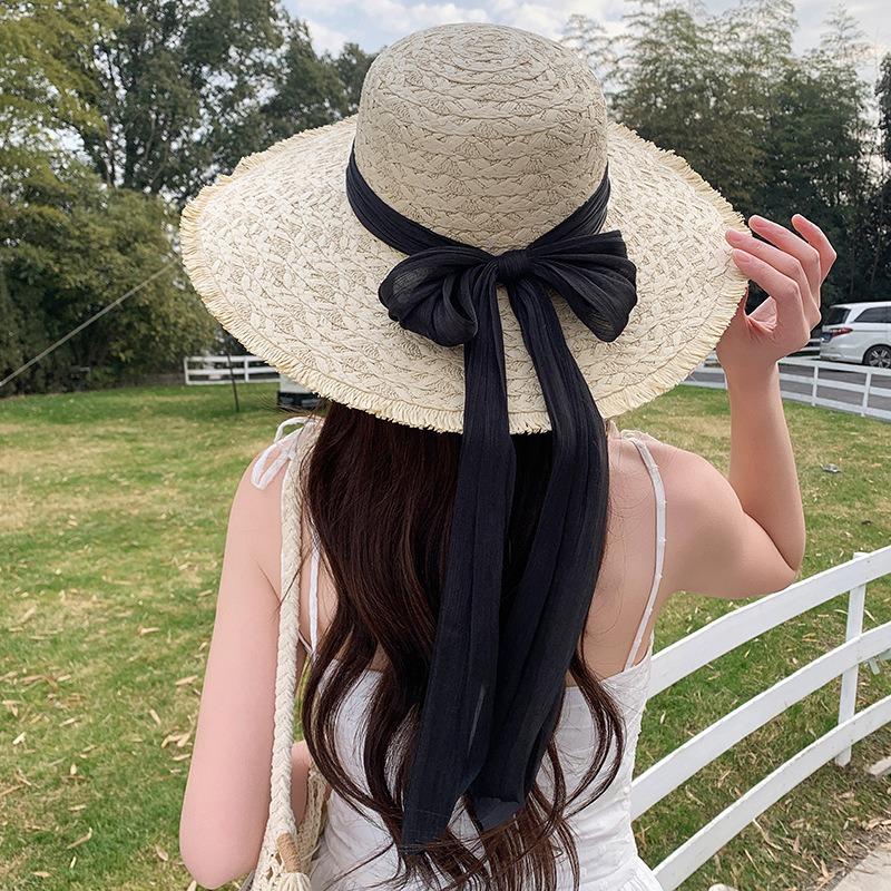 Summer Bow Sun Hat Female, Seaside Beach Vacation Sun Hat Outdoor Big Brim Sun Hat Sweet Straw Hat