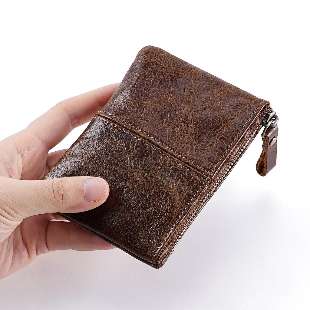 Mens and Women Retro Real Leather Zipper Wallet Card Holder Small Coins Keys Pocket Money Storage Pouch with Chain Key-ring
