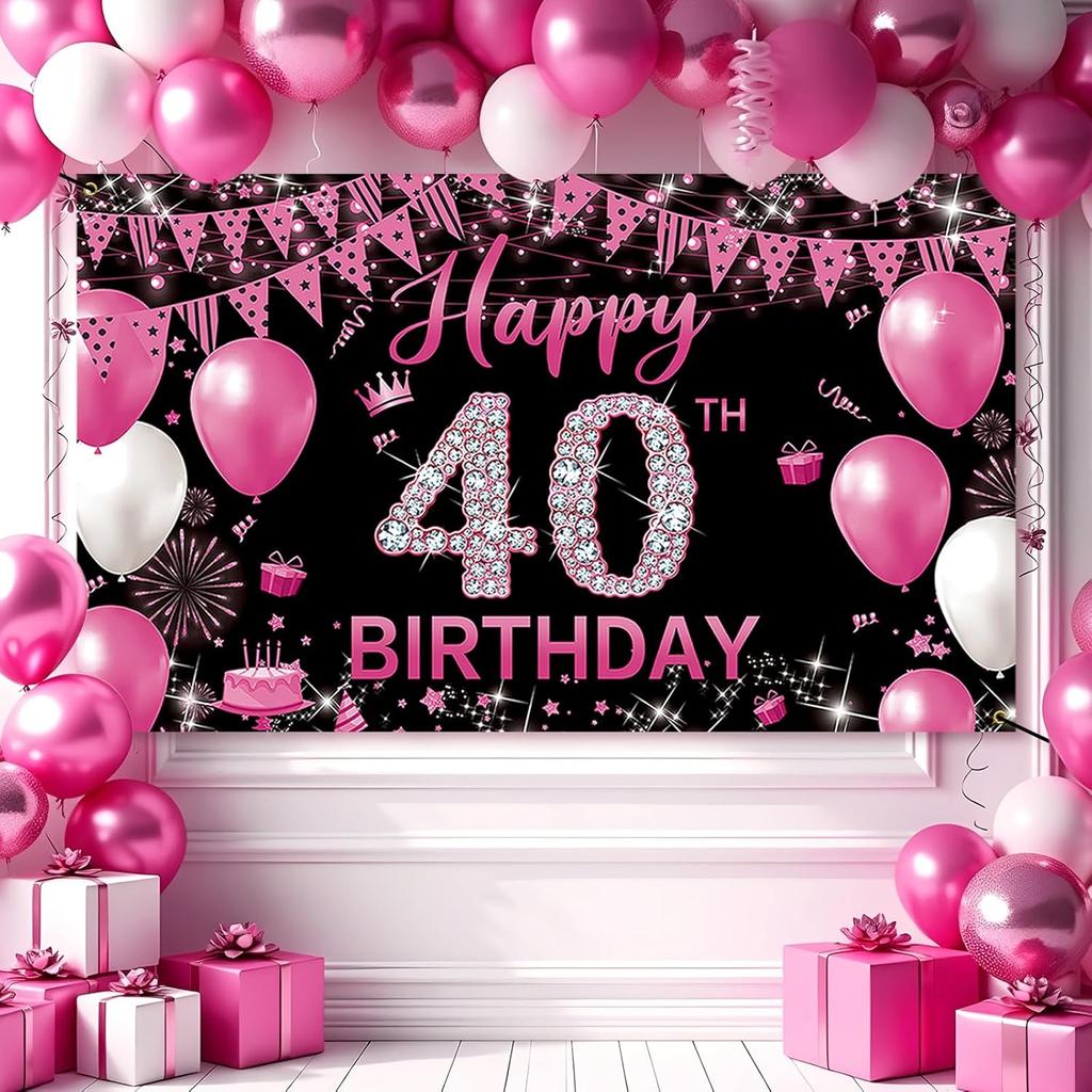 Fabric 40th Birthday Banner Backdrop Hot Pink, Happy 40th Birthday Decoration for Women, 40 Year Old Birthday Party Yard Sign Photo Props Decor