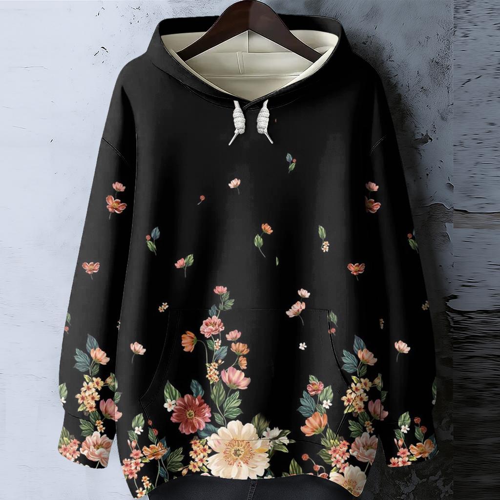 Women's Floral Print Loose Casual Long Sleeved Hooded Sweatshirt