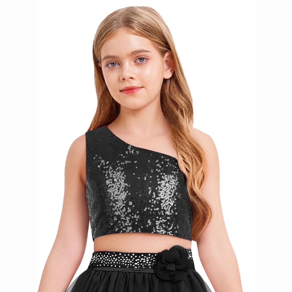 Mädchen Unifarben Spaghettiträger Ärmellos Schulterfrei Glitzernd Pailletten Oberteile Bankett Hochzeit Feier Oberteil