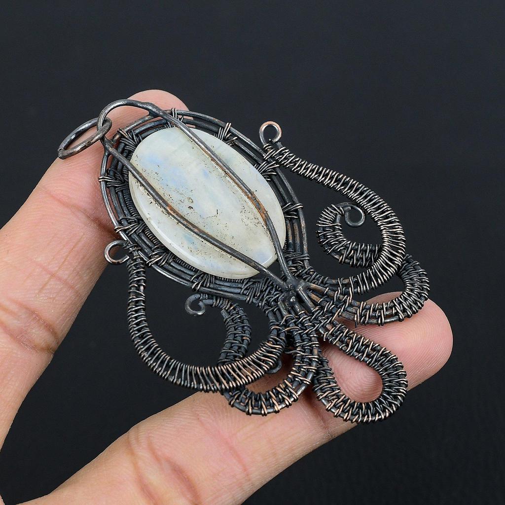 Pendentif Pierre de Lune Fil de Cuivre 999 Enroulé, Pendentif Pierre Précieuse Fait Main, Cadeau Pour Maman Bijoux Antiques