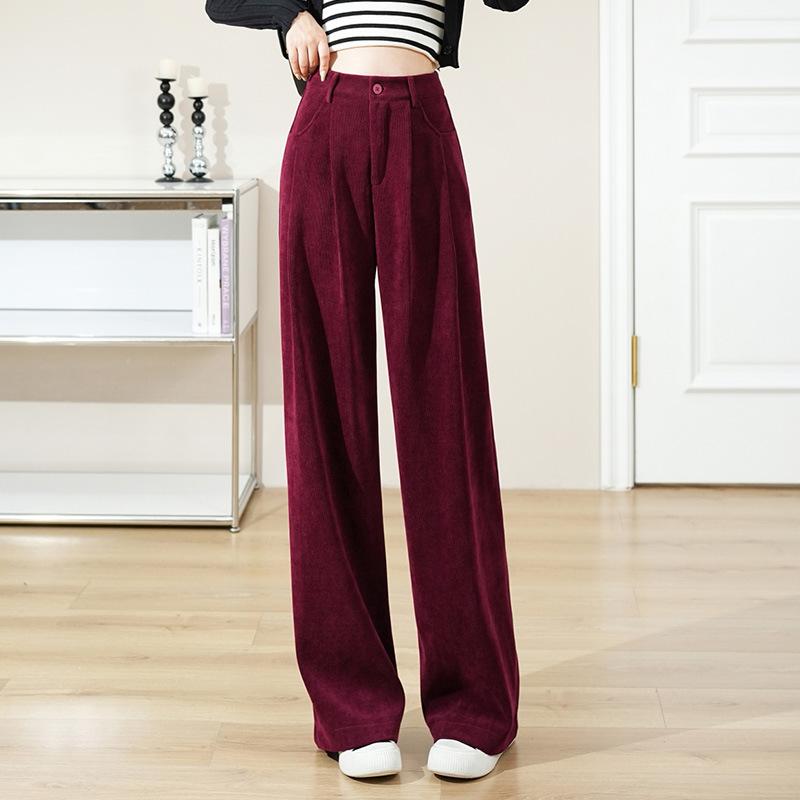 Fashion High Waist Women Retro Corduroy Pants Fall Wide Leg Causal Loose Trousers Vintage Wine Red Pockets All Match Sweatpants