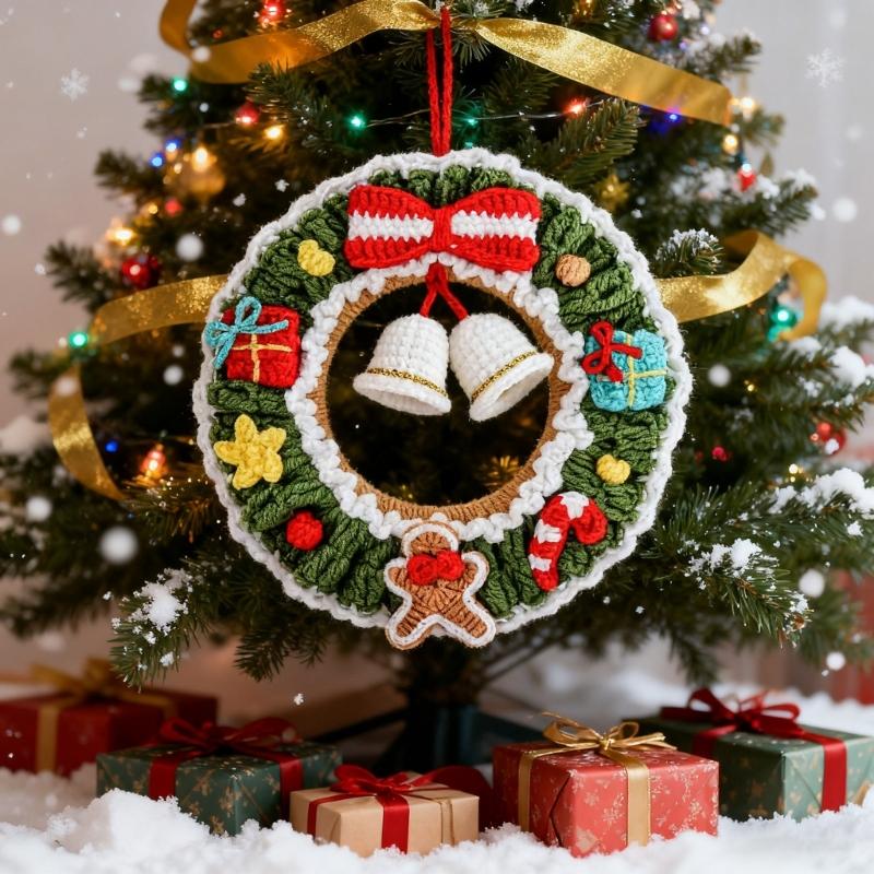 Christmas Holiday Crochet Wreath Feature Bells Handcrafted Durable Yarn Ornament For Indoor Outdoors Seasonal Decors