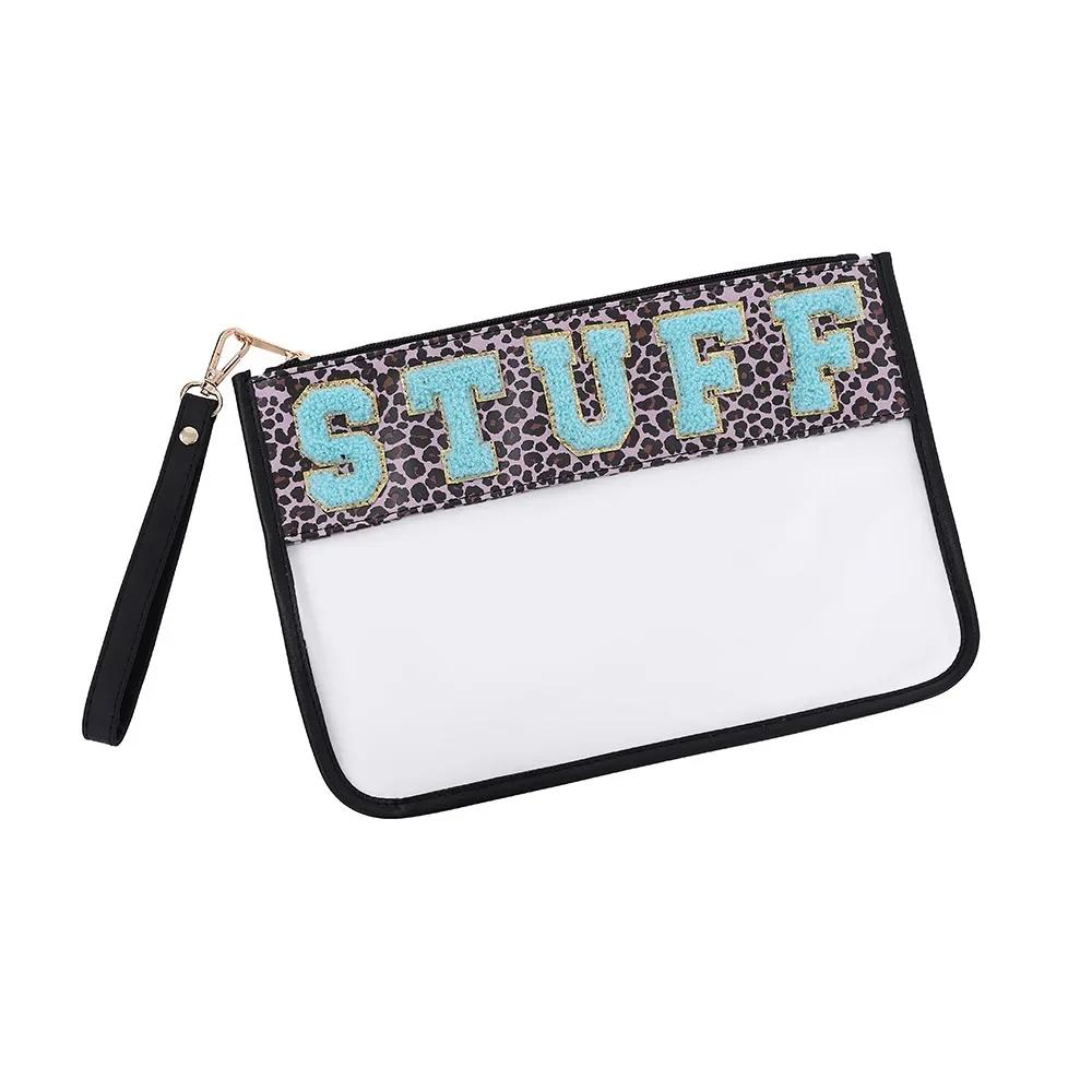 PVC Clear Letter Wash Cosmetic Bag Travel Snack Bag Clear Letter Embroidered Bag for Travel Beach Portable Toilet Storage