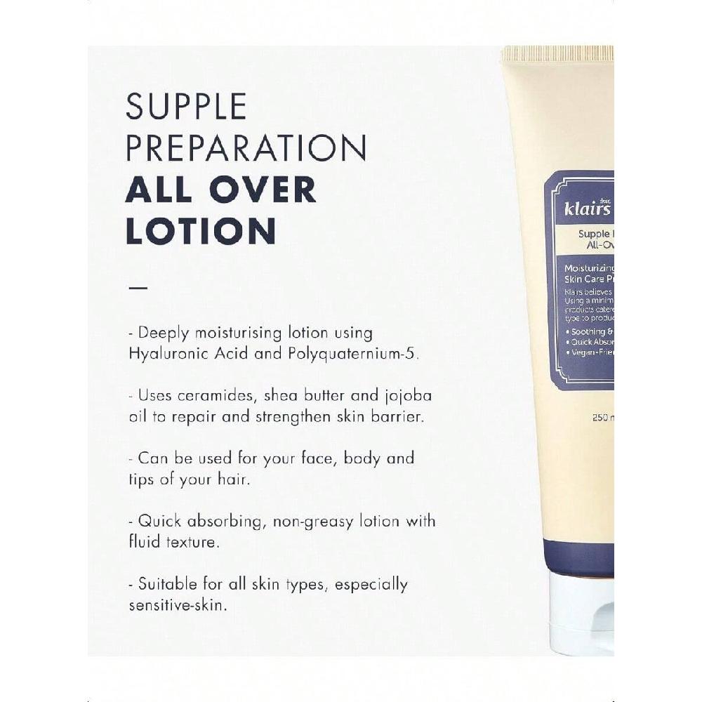 Dear, Klairs Supple Preparation All-Over Lotion 250ml Daily Face And Body Moisturizer, For Sensitive Skin, Essential Oil Free