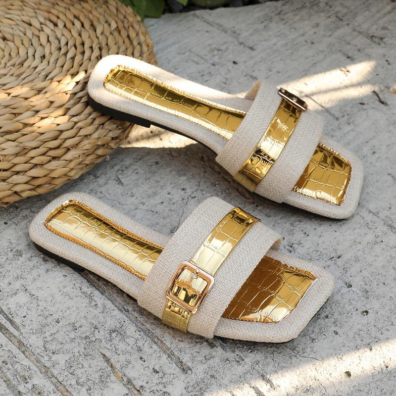 

Мода Новая Мода Металлическая Пряжка Декор Плоские Шлепанцы Женские Летние Нескользящие Пляжные Сандалии Женские Большого Размера 35-43 Уличные Слайды Вьетнамки 43 золотой
