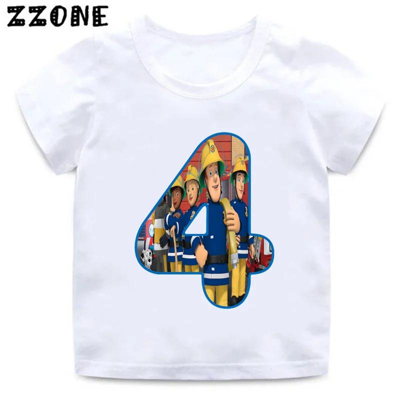 Fireman Sam Firefighter Print Cartoon Boys Clothes 1 2 3 4 5 6 7 8 9 Years Birthday Number Kids T shirt Cute Baby Girls TShirts