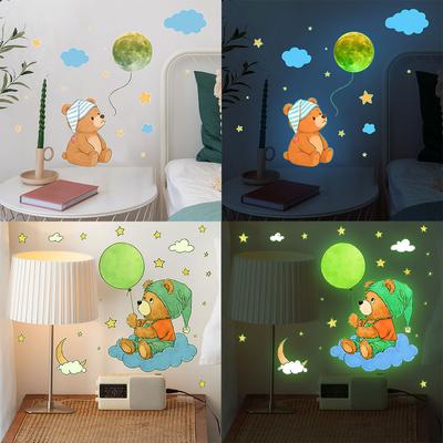 Nightlight Cartoon Bear Wearing A Sleeping Cap and Starry Sky Bedroom Wall Decoration Stickers