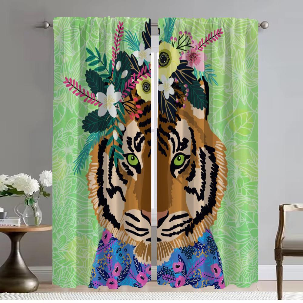 Home Interior Curtains for Living Room Floral Friends Animal Halloween Decoration Window Curtain Kitchen Curtains 2 Pieces Child