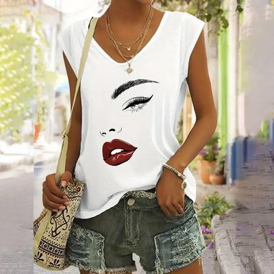 Vintage Abstract Face Printed Women's Cap Sleeve T-shirts Fashion New Sleeveless Tank Tops Summer Spring Casual Sportwear Tees
