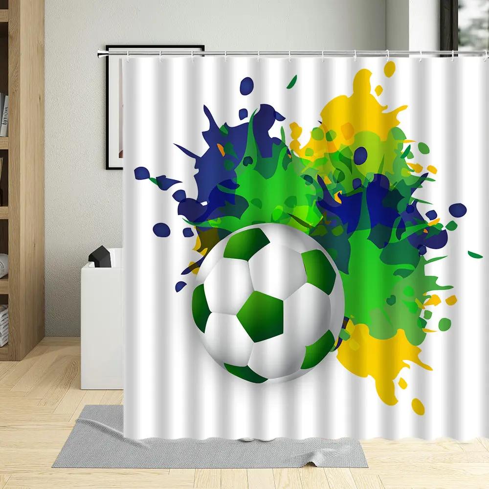 Football Sports Design Shower Curtain, Polyester Fabric, Waterproof, Boys Home Decor, Screens with Hooks, Cartoons Bathroom
