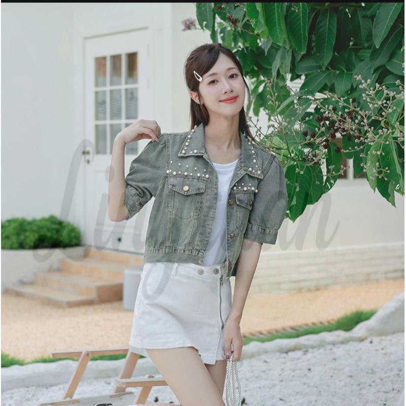Genuine Beaded Blue Short-Sleeve Slimming Denim Top S синий