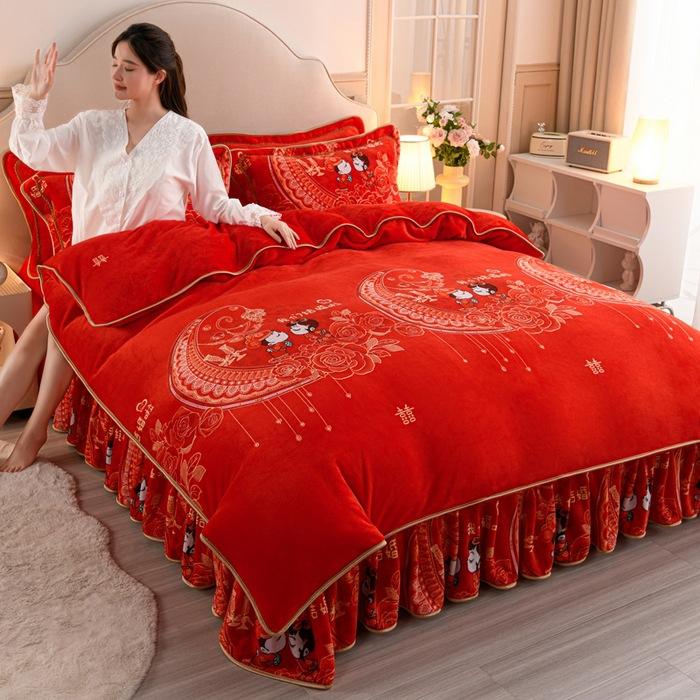 Thickened Milk Fleece Four-Piece Warm Double-Sided Coral Fleece Quilt Cover Flannel Sheet Bed Skirt Bedding