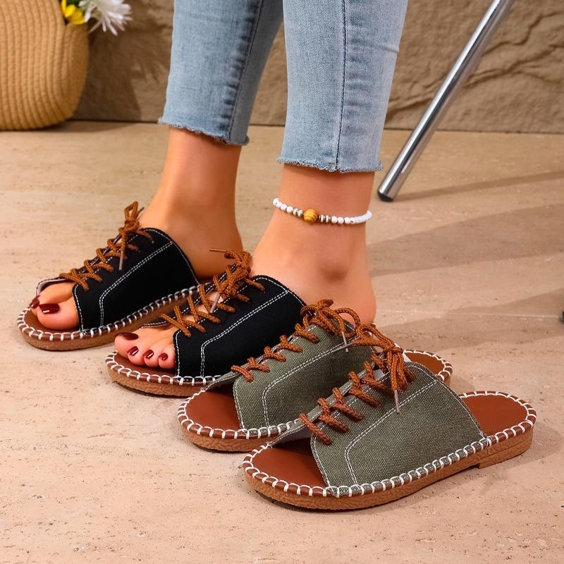 2025 Summer New Women's Open Toe Slippers Hot Sale Front Lace-up Low Heel Sandals Plus Size High Quality Outdoor Casual Slippers